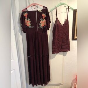 Cleobella- Boho Embroidered Maxi Dress with Slip - Burgundy